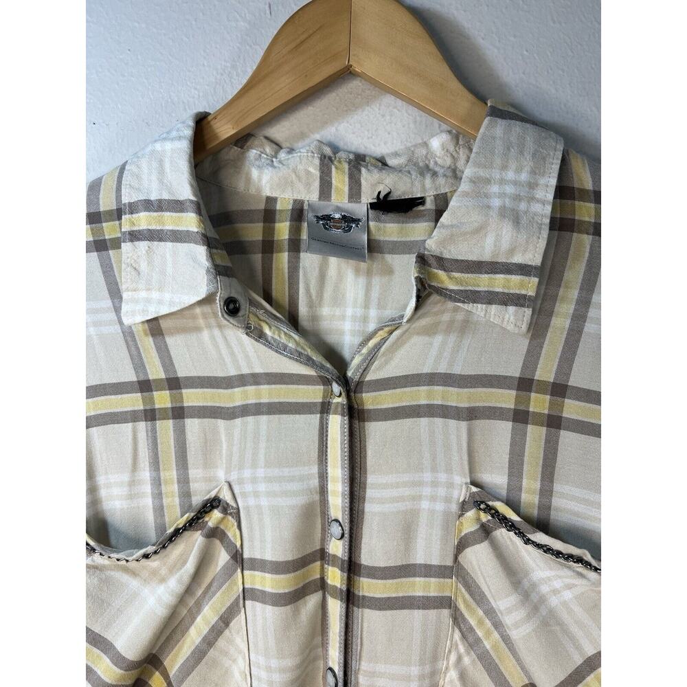 Harley Davidson Womens Snap Front Plaid Shirt Size Large Brown White Embellished - Picture 3 of 8